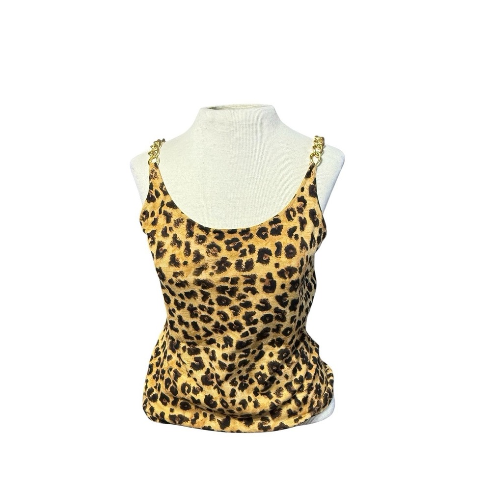 Y2K Leopard Print Silk Cami Top PM Sexy Going Out Clubwear Party Tank Chain
